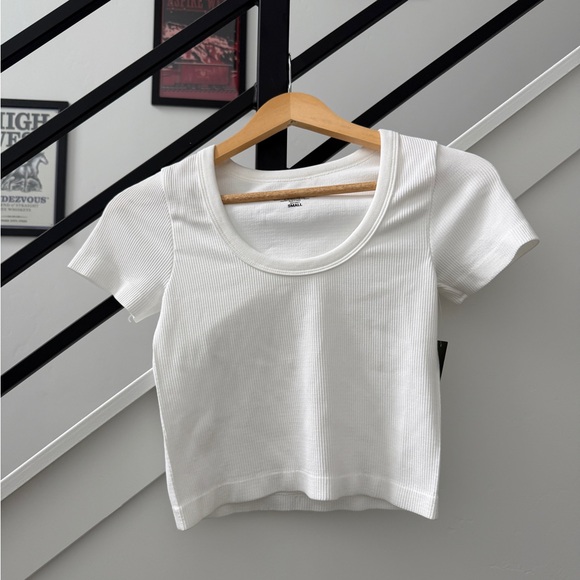 Justify White Ribbed Crop Top Small | Fitted Short Sleeve Scoop Neck - Picture 2 of 4